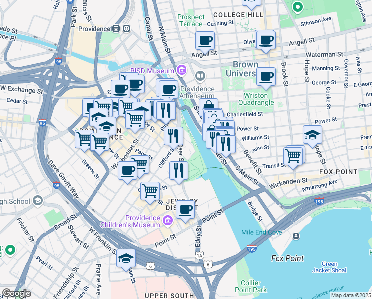 map of restaurants, bars, coffee shops, grocery stores, and more near 200 Dyer Street in Providence