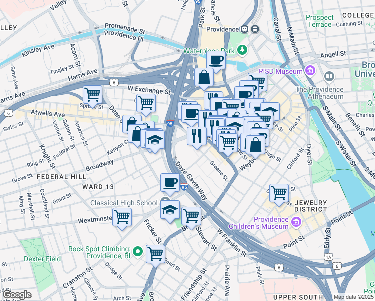 map of restaurants, bars, coffee shops, grocery stores, and more near in Providence