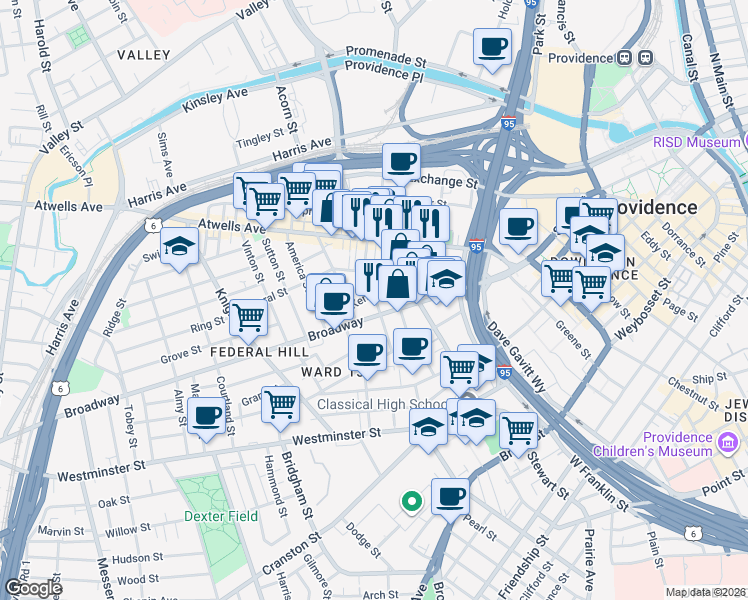 map of restaurants, bars, coffee shops, grocery stores, and more near 16 Pallas Street in Providence
