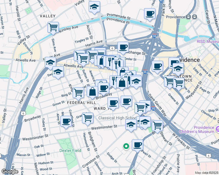 map of restaurants, bars, coffee shops, grocery stores, and more near in Providence