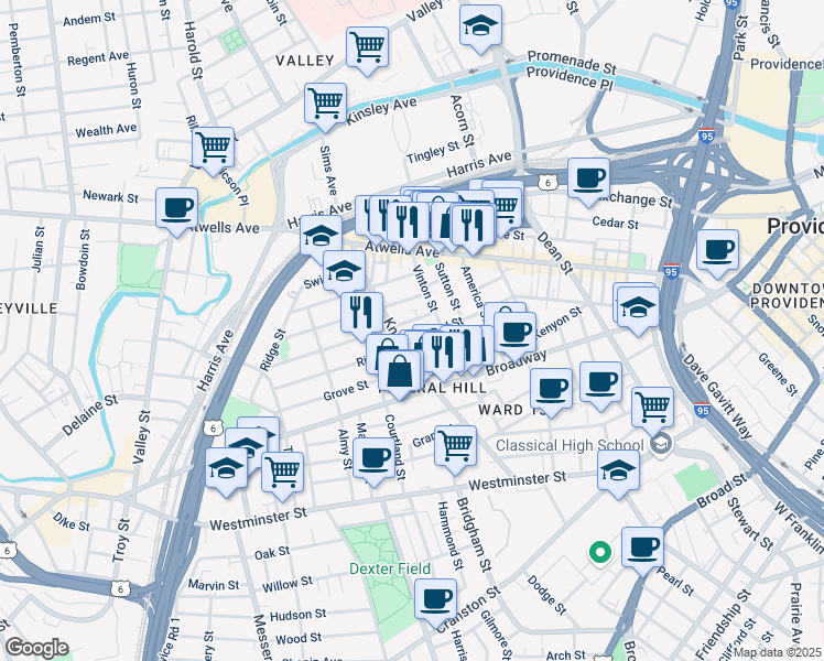 map of restaurants, bars, coffee shops, grocery stores, and more near 22 Penn Street in Providence