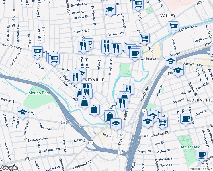 map of restaurants, bars, coffee shops, grocery stores, and more near 60 Bowdoin Street in Providence