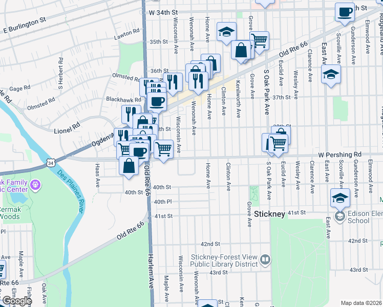 map of restaurants, bars, coffee shops, grocery stores, and more near 7044 Pershing Road in Berwyn