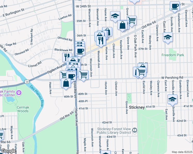 map of restaurants, bars, coffee shops, grocery stores, and more near 7044 Pershing Road in Berwyn