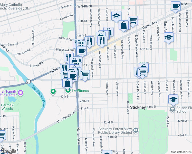 map of restaurants, bars, coffee shops, grocery stores, and more near 7044 Pershing Road in Berwyn