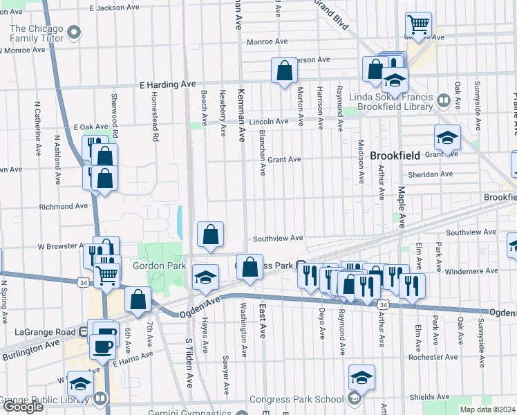 map of restaurants, bars, coffee shops, grocery stores, and more near 3805 Blanchan Avenue in Brookfield