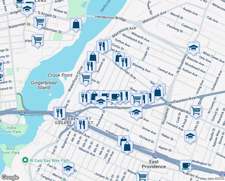 map of restaurants, bars, coffee shops, grocery stores, and more near 71 Vine Street in East Providence