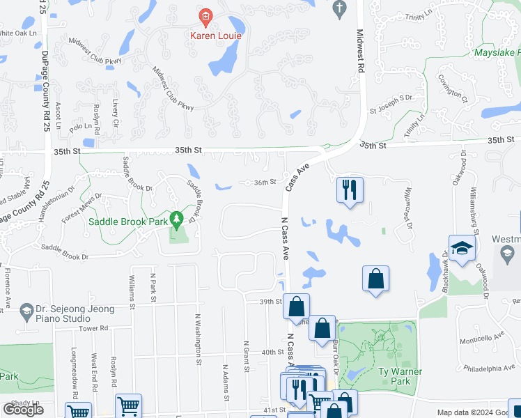 map of restaurants, bars, coffee shops, grocery stores, and more near 109 Oakley Drive North in Westmont
