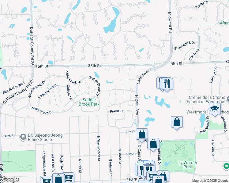 map of restaurants, bars, coffee shops, grocery stores, and more near 201 Oakley Drive North in Westmont