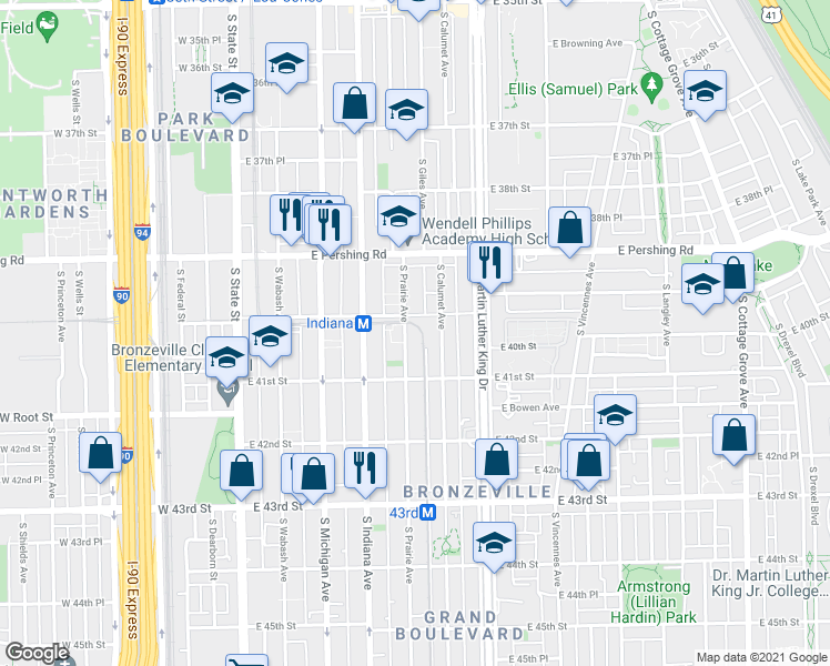 map of restaurants, bars, coffee shops, grocery stores, and more near 4017 S Prairie Ave in Chicago