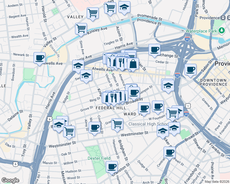 map of restaurants, bars, coffee shops, grocery stores, and more near 92 Vinton Street in Providence