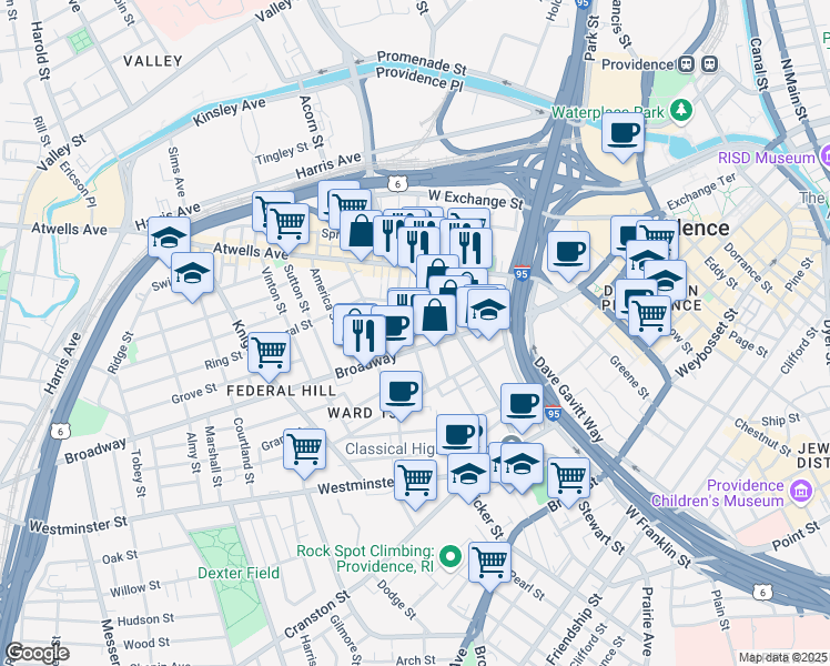 map of restaurants, bars, coffee shops, grocery stores, and more near 16 Pallas St in Providence