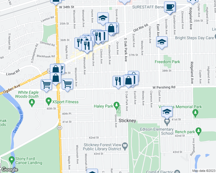 map of restaurants, bars, coffee shops, grocery stores, and more near 3854 Kenilworth Avenue in Berwyn