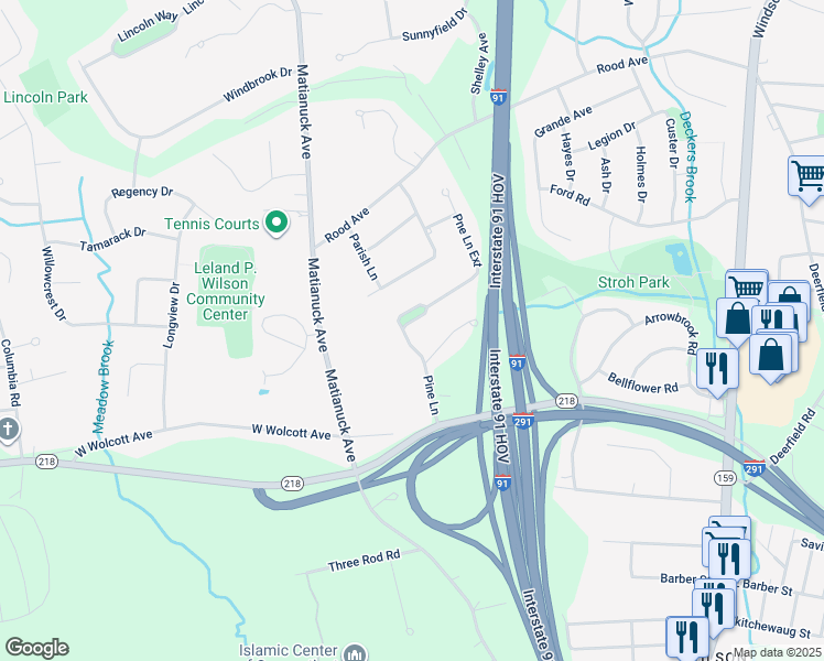 map of restaurants, bars, coffee shops, grocery stores, and more near 96 Pine Lane in Windsor