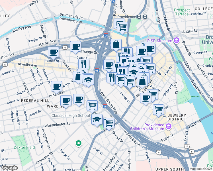 map of restaurants, bars, coffee shops, grocery stores, and more near in Providence