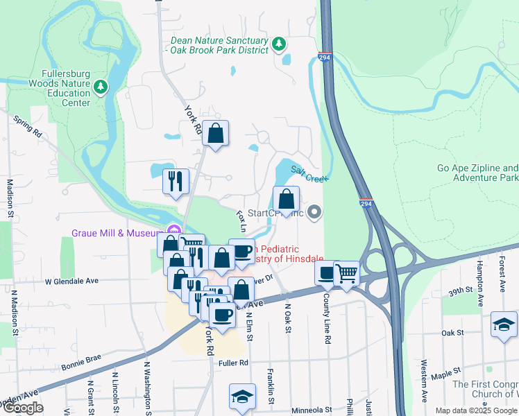 map of restaurants, bars, coffee shops, grocery stores, and more near 1151 Indian Trail Road in Hinsdale