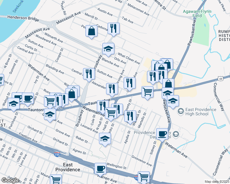 map of restaurants, bars, coffee shops, grocery stores, and more near 25 Irving Ave in East Providence