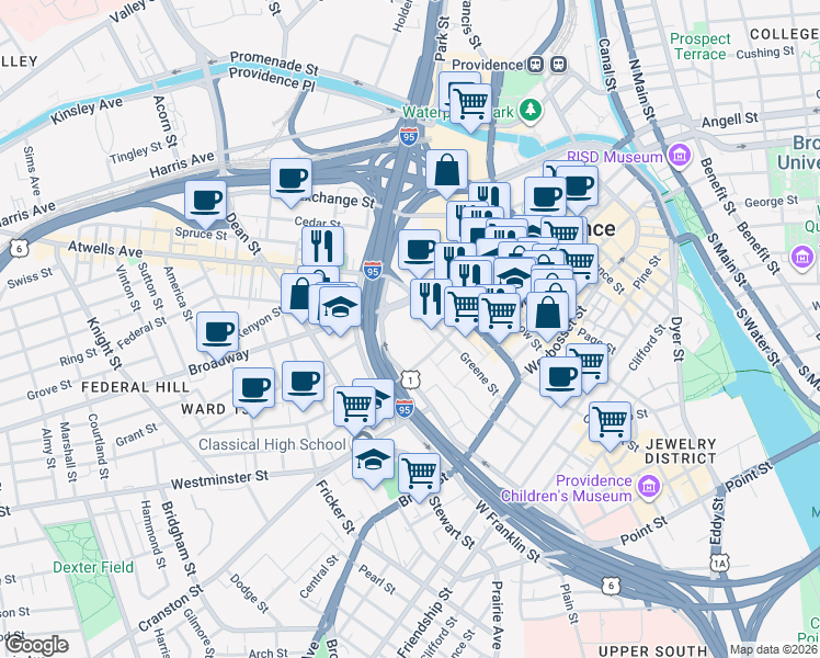 map of restaurants, bars, coffee shops, grocery stores, and more near in Providence