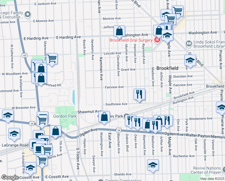 map of restaurants, bars, coffee shops, grocery stores, and more near 3805 Blanchan Avenue in Brookfield