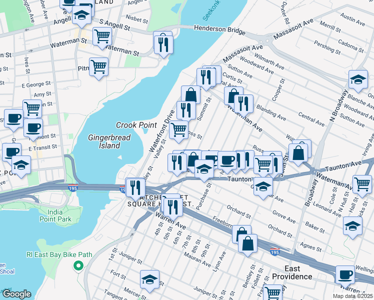 map of restaurants, bars, coffee shops, grocery stores, and more near 93 Summit Street in East Providence