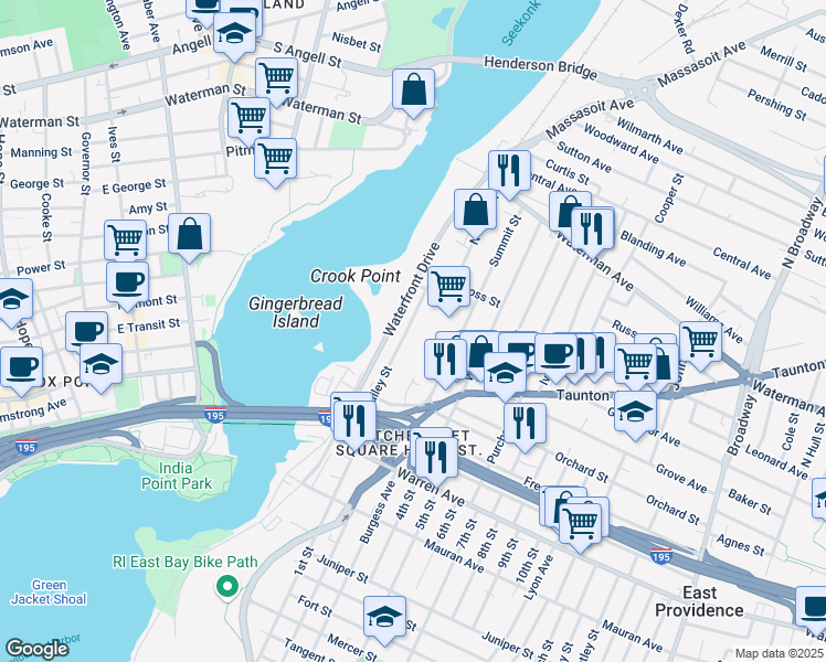 map of restaurants, bars, coffee shops, grocery stores, and more near 127 Valley Street in East Providence