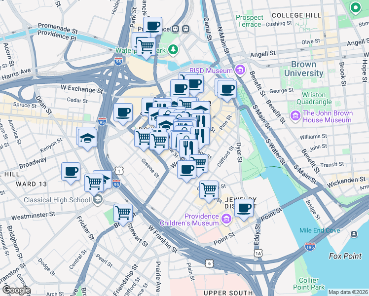 map of restaurants, bars, coffee shops, grocery stores, and more near 225 Weybosset Street in Providence
