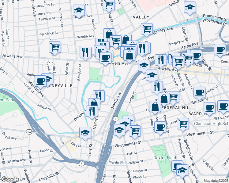 map of restaurants, bars, coffee shops, grocery stores, and more near 37 1/2 Harris Avenue in Providence