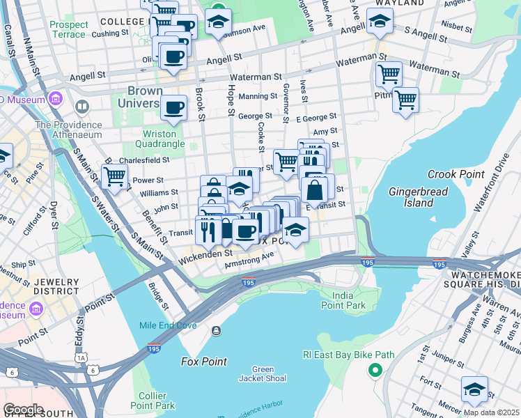 map of restaurants, bars, coffee shops, grocery stores, and more near 15 East Street in Providence