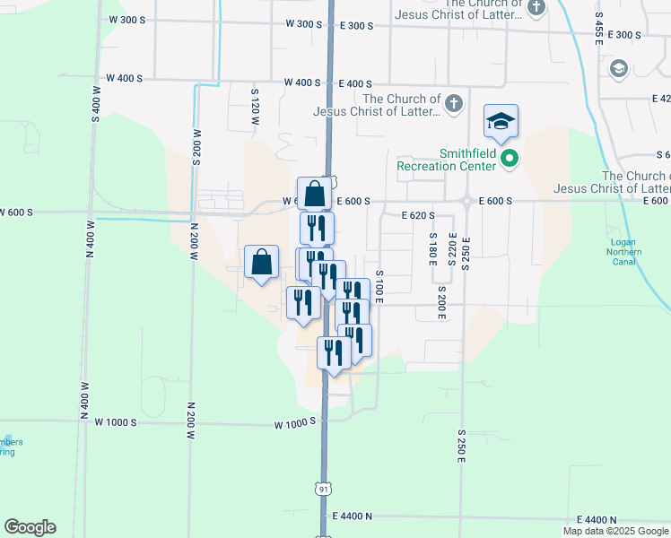 map of restaurants, bars, coffee shops, grocery stores, and more near 710 Main Street in Smithfield