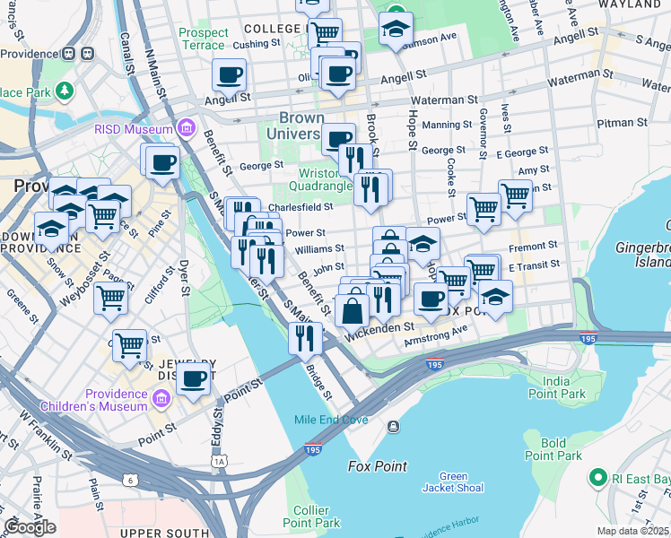 map of restaurants, bars, coffee shops, grocery stores, and more near 15 John Street in Providence