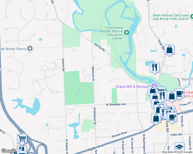 map of restaurants, bars, coffee shops, grocery stores, and more near 3705 Madison Street in Oak Brook