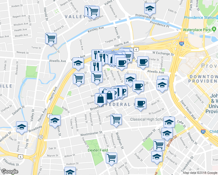 map of restaurants, bars, coffee shops, grocery stores, and more near 223 Federal Street in Providence