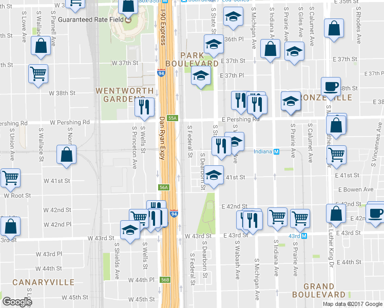 map of restaurants, bars, coffee shops, grocery stores, and more near 4007 South Federal Street in Chicago