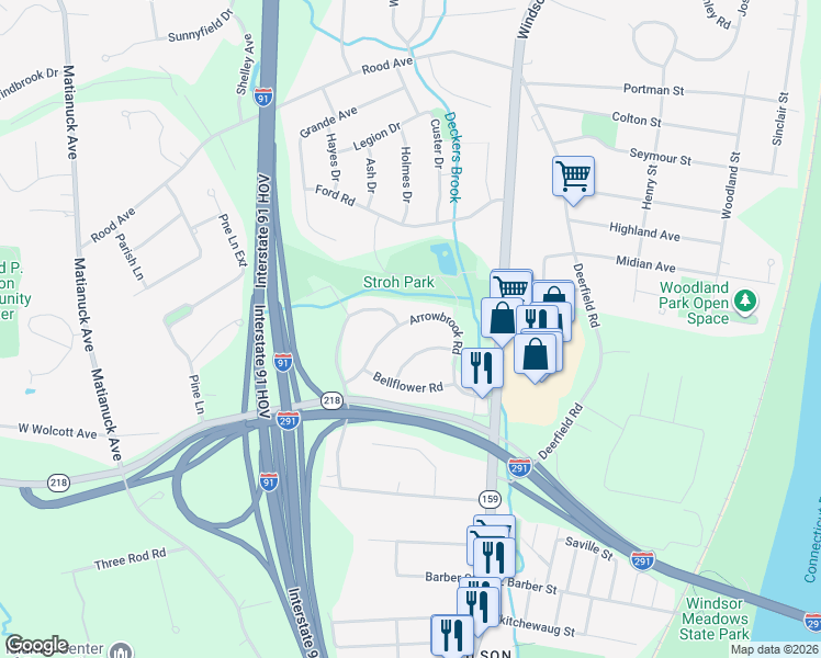 map of restaurants, bars, coffee shops, grocery stores, and more near 54 Arrowbrook Road in Windsor
