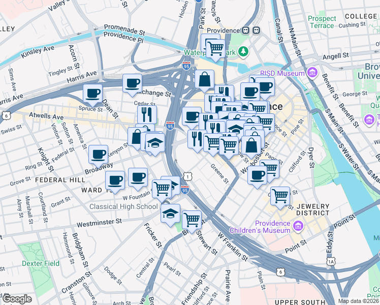 map of restaurants, bars, coffee shops, grocery stores, and more near 1 Regency Plaza in Providence