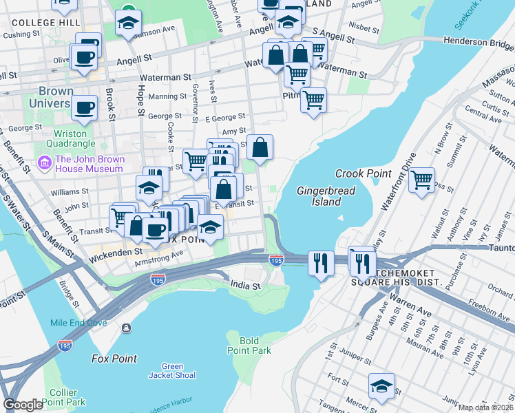 map of restaurants, bars, coffee shops, grocery stores, and more near 73 East Transit Street in Providence