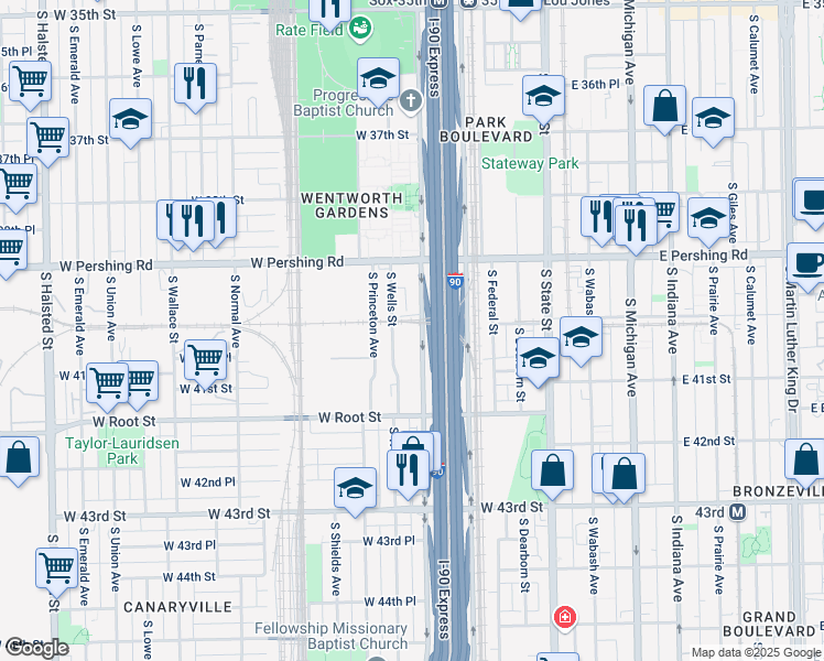 map of restaurants, bars, coffee shops, grocery stores, and more near 4004 South Wentworth Avenue in Chicago