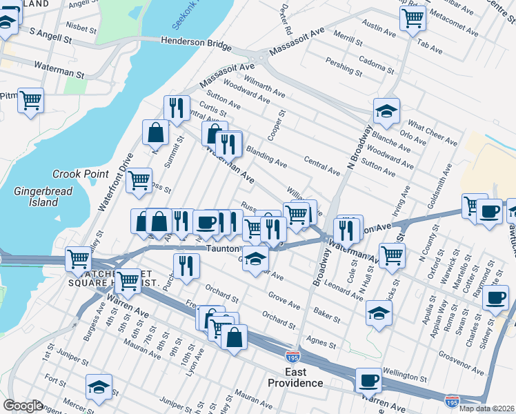 map of restaurants, bars, coffee shops, grocery stores, and more near 21 Russell Avenue in East Providence