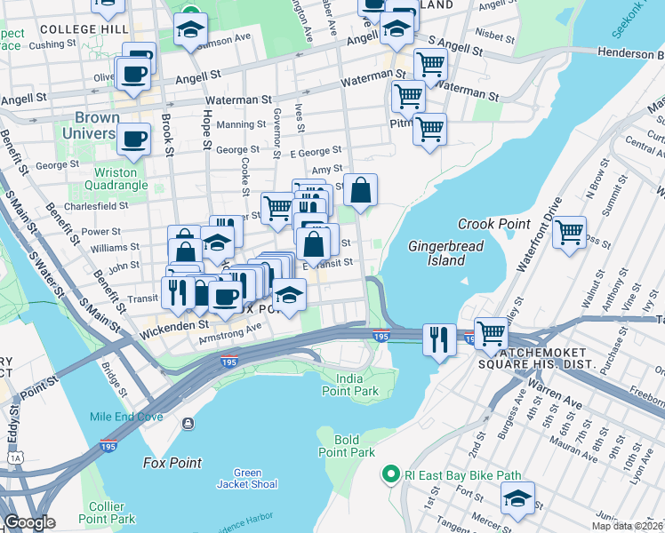 map of restaurants, bars, coffee shops, grocery stores, and more near 57 East Transit Street in Providence