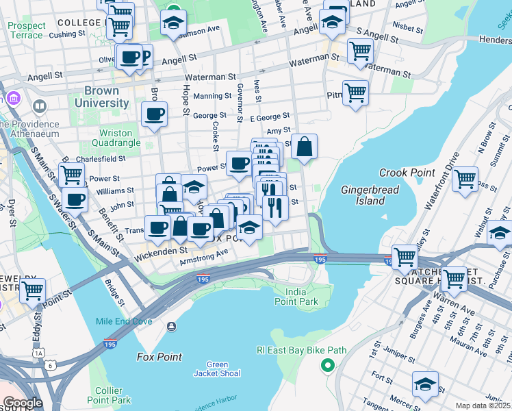 map of restaurants, bars, coffee shops, grocery stores, and more near 27 East Transit Street in Providence