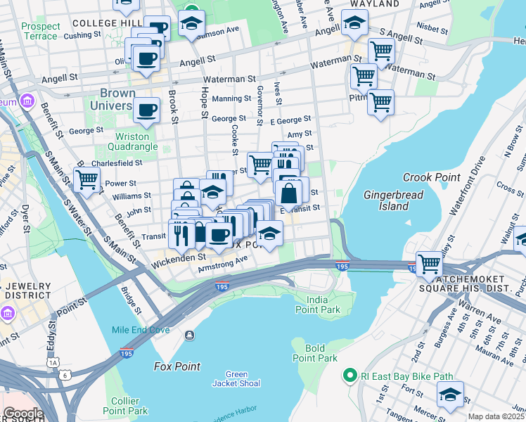 map of restaurants, bars, coffee shops, grocery stores, and more near 44 Governor Street in Providence