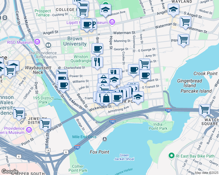map of restaurants, bars, coffee shops, grocery stores, and more near 71 Arnold Street in Providence