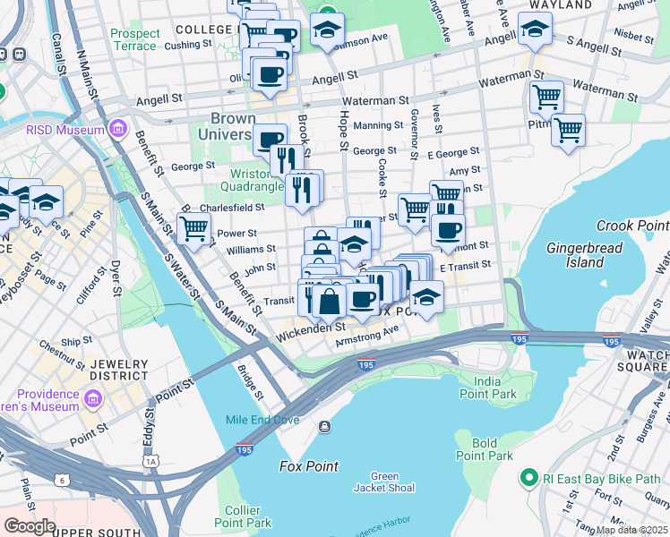 map of restaurants, bars, coffee shops, grocery stores, and more near 71 Arnold Street in Providence