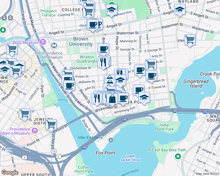map of restaurants, bars, coffee shops, grocery stores, and more near 181 Brook Street in Providence