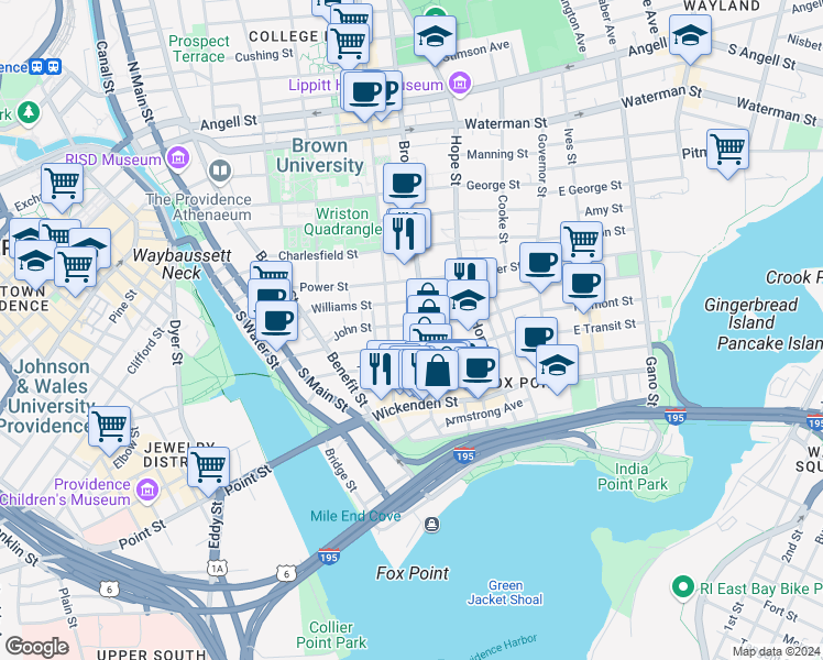 map of restaurants, bars, coffee shops, grocery stores, and more near 181 Brook Street in Providence