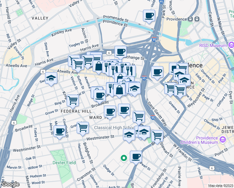 map of restaurants, bars, coffee shops, grocery stores, and more near 16 Pallas Street in Providence