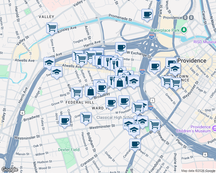 map of restaurants, bars, coffee shops, grocery stores, and more near in Providence