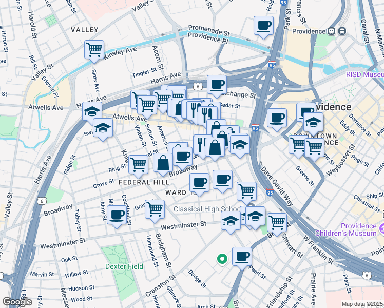 map of restaurants, bars, coffee shops, grocery stores, and more near in Providence