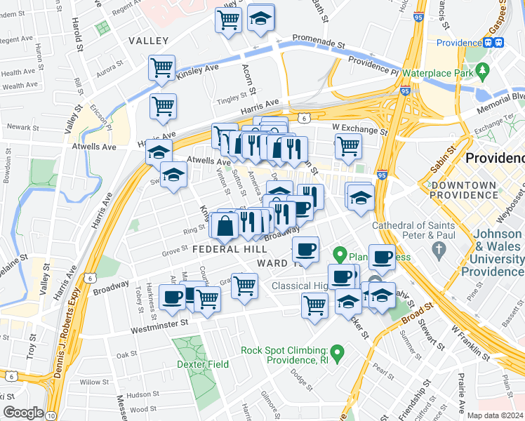 map of restaurants, bars, coffee shops, grocery stores, and more near 78 America Street in Providence
