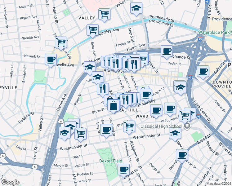 map of restaurants, bars, coffee shops, grocery stores, and more near 22 Penn Street in Providence